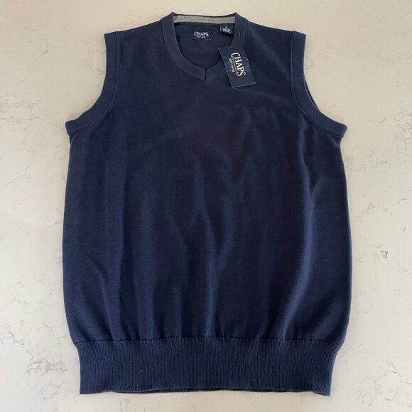 Chaps Sporty Preppy V Neck Knit 100% Cotton Sweater Vest Newport Blue Sz S NWT - Picture 3 of 15
